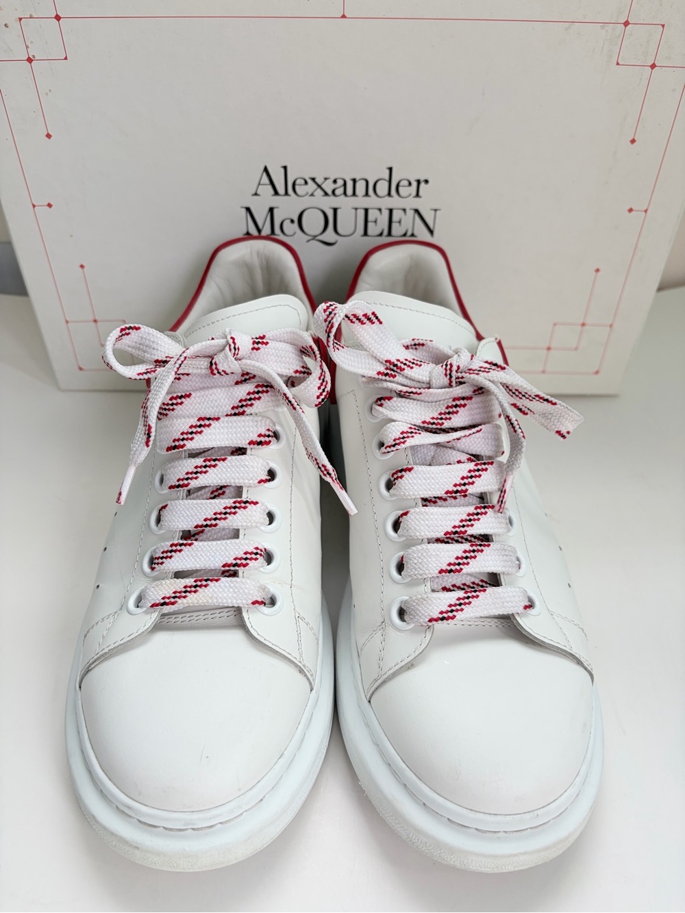 Alexander McQueen White Leather Sneakers with Red Trim and Patterned Laces